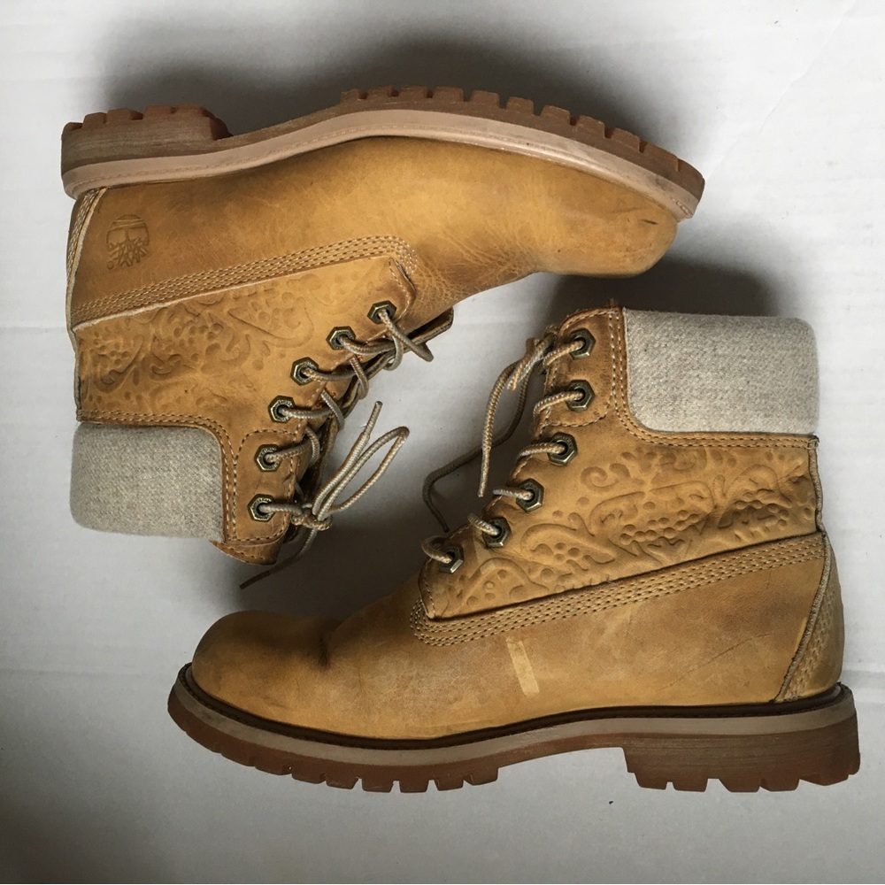 Timberland Tooled Leather Women’s Tan Boots Sz 7.5 Streetwear - Picture 7 of 13